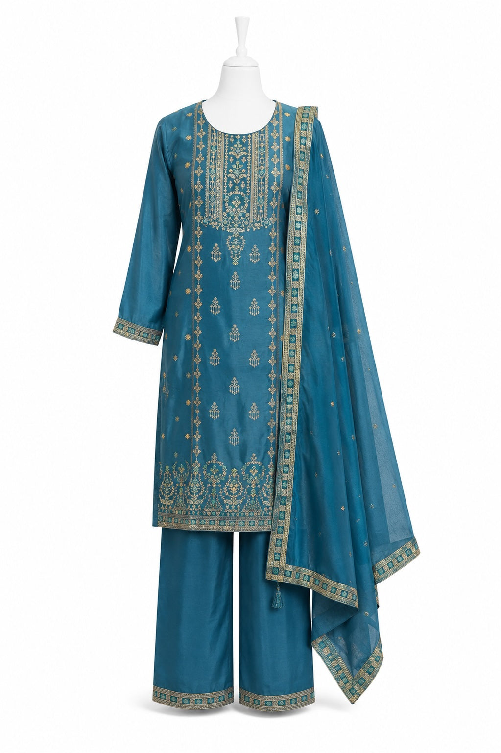 Teal Blue Embroidered Suit Set with Dupatta