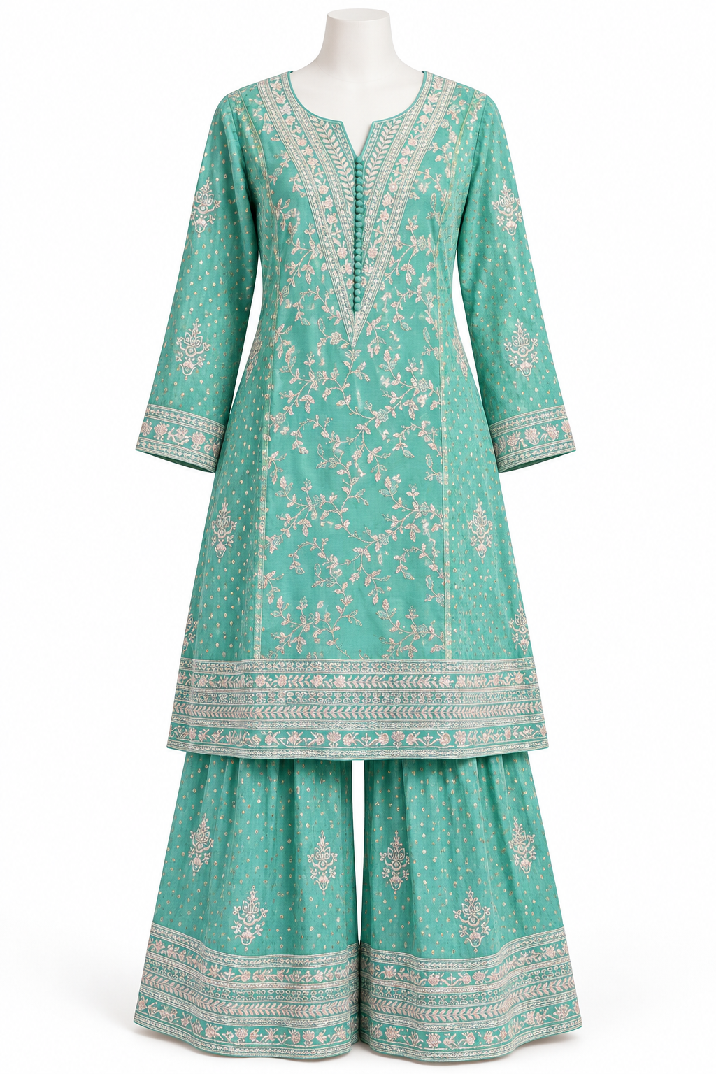 Mint & Ivory Embroidered Sharara Set