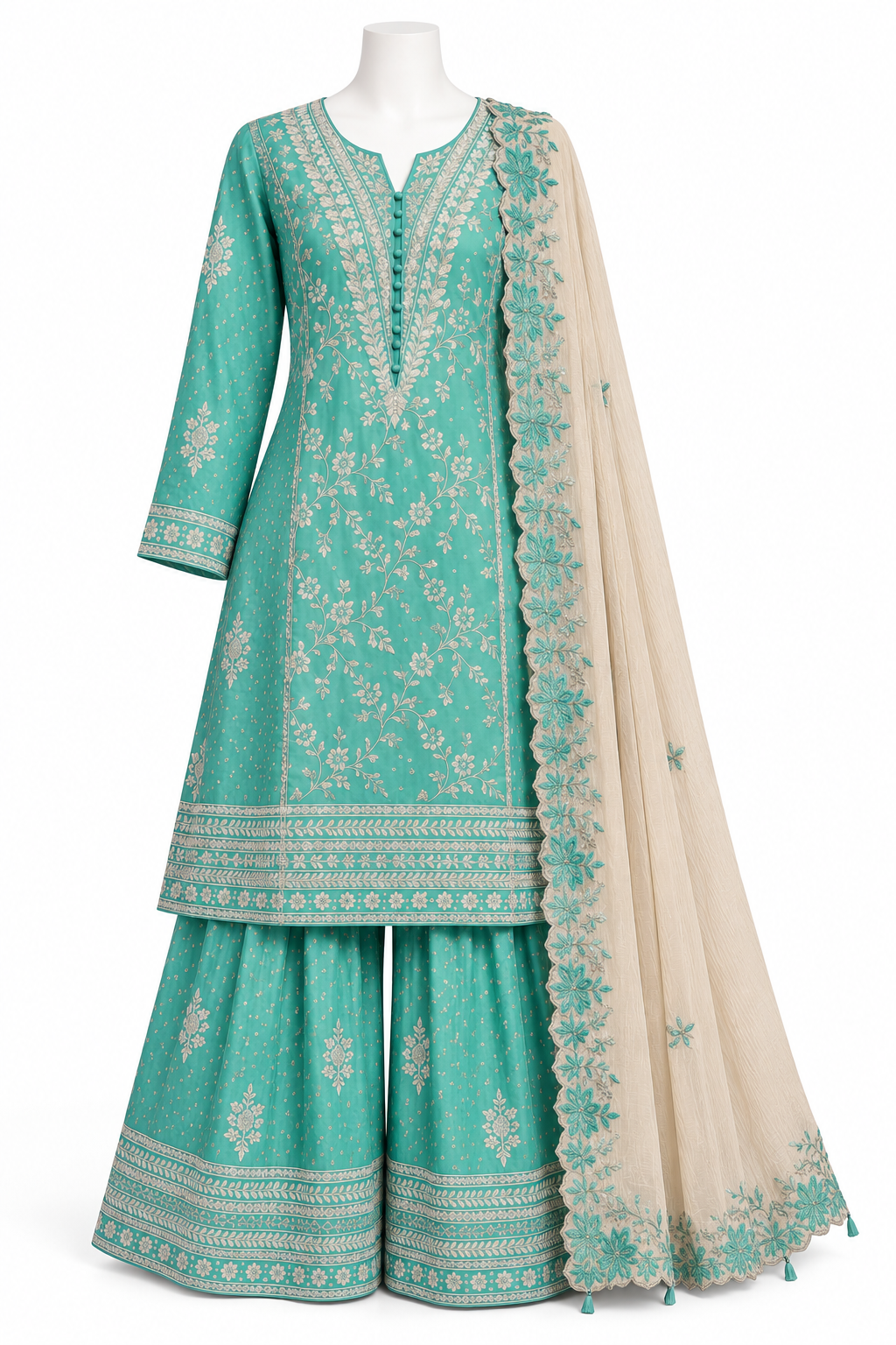 Mint & Ivory Embroidered Sharara Set