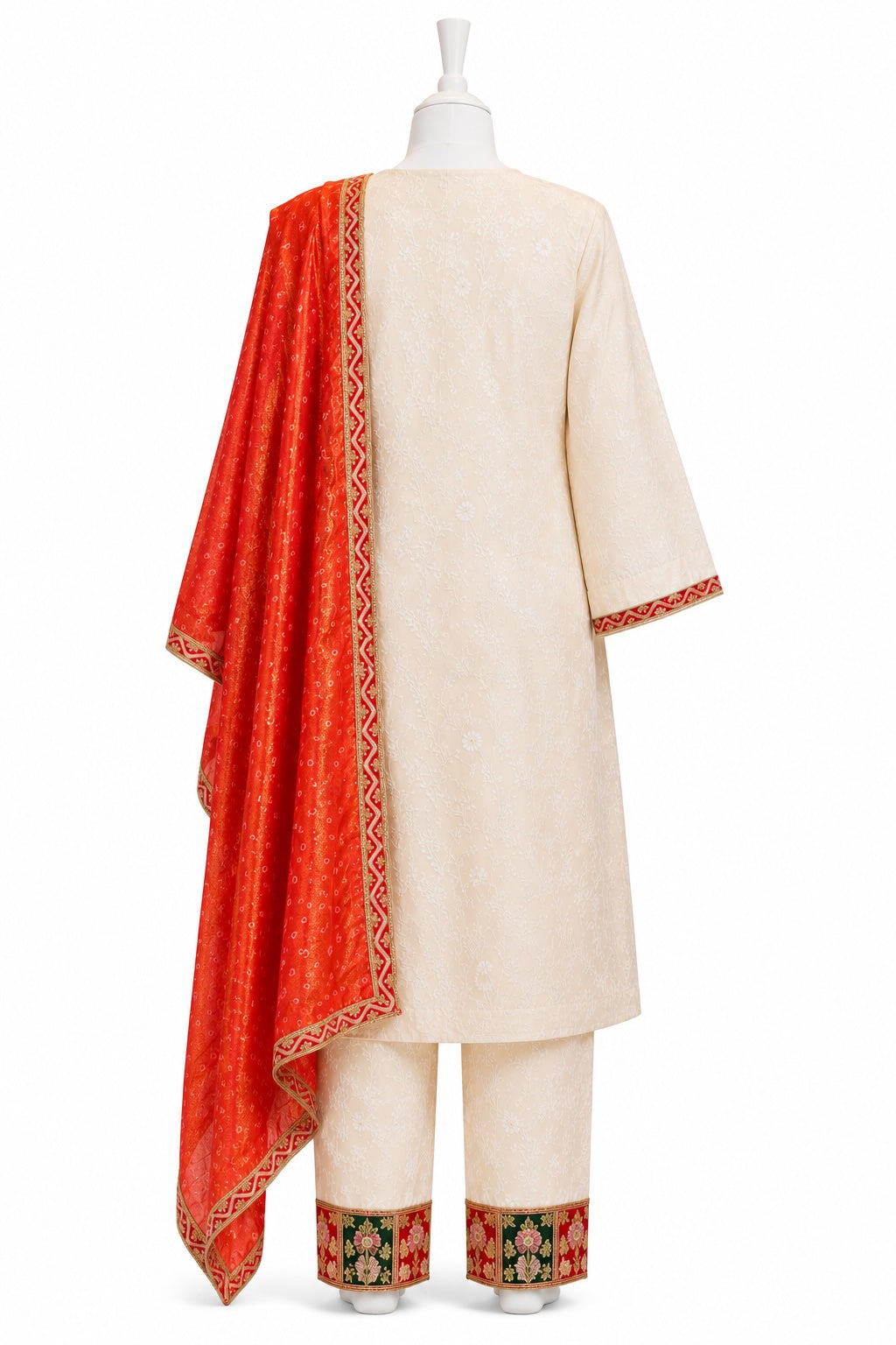 Traditional cream kurta with red dupatta on a white background