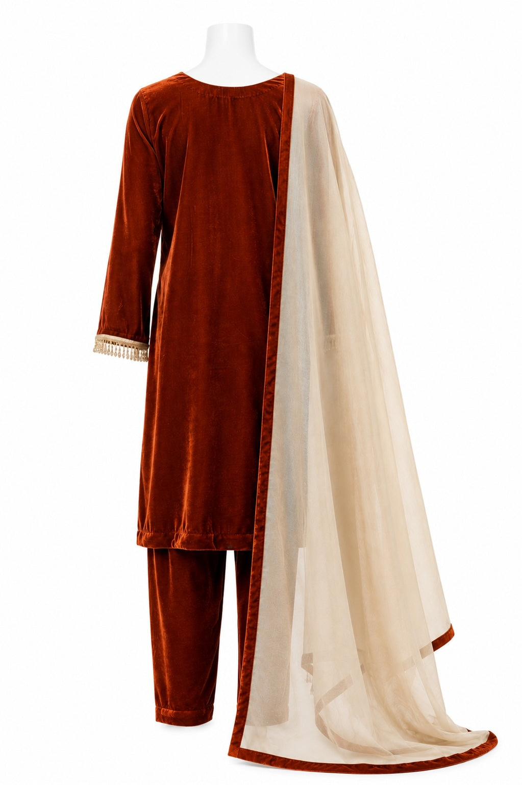 Rust Velvet Pakistani Suit with Organza Dupatta | Luxury Winter Festive Wear