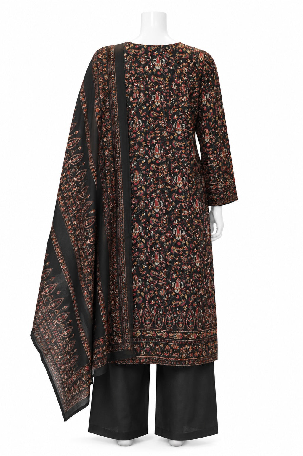 Black Floral Pakistani 3-Piece Suit with Printed Dupatta | Elegant Women’s Ethnic Wear