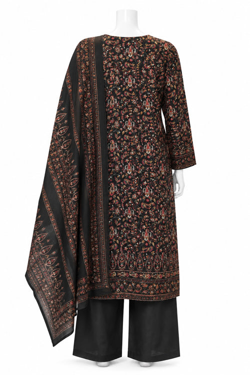Black Floral Pakistani 3-Piece Suit with Printed Dupatta | Elegant Women’s Ethnic Wear | Khush Mizaj Official