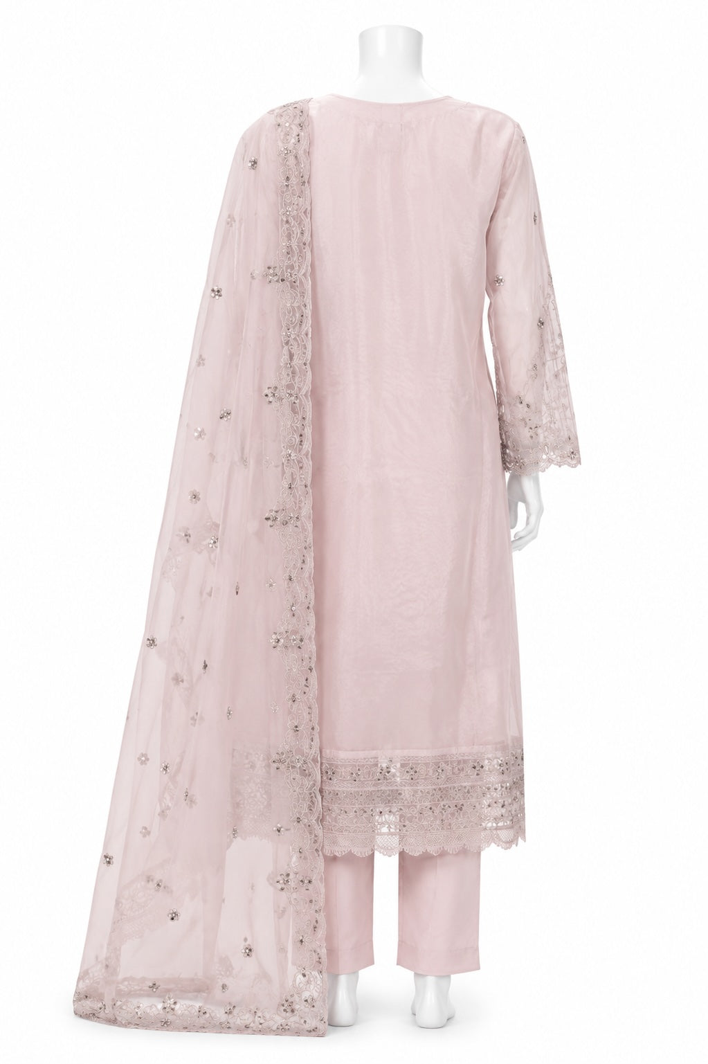 Pink embroidered outfit with matching dupatta on a white background