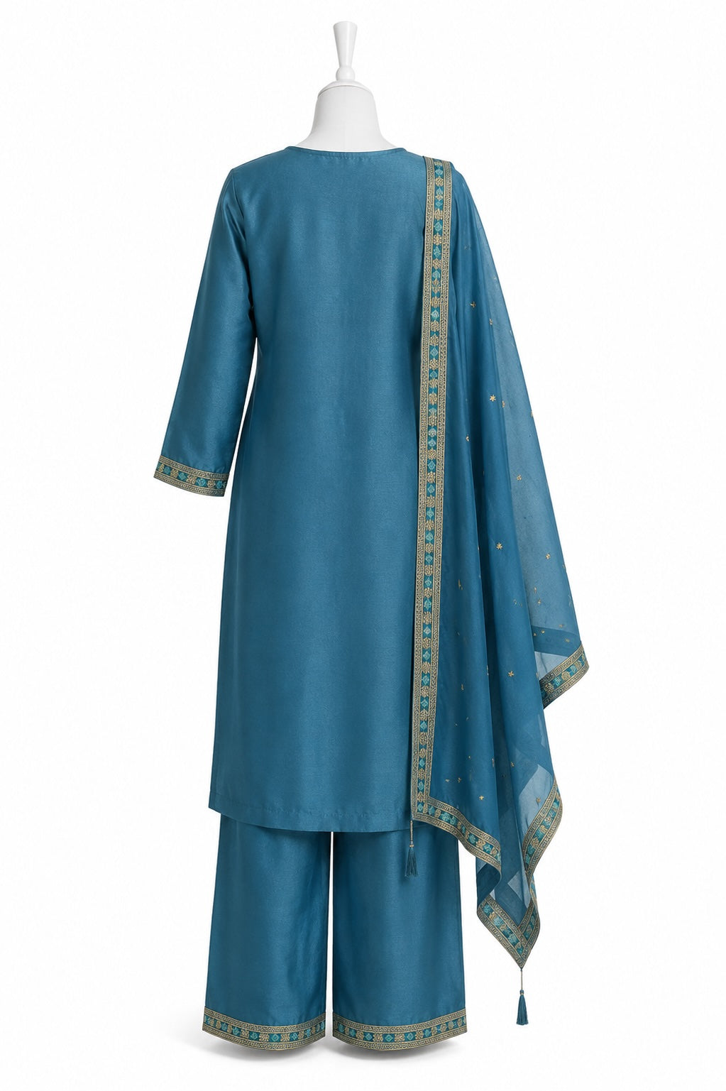 Teal Blue Embroidered Suit Set with Dupatta