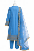 Blue embroidered traditional outfit with a dupatta on a mannequin against a white background