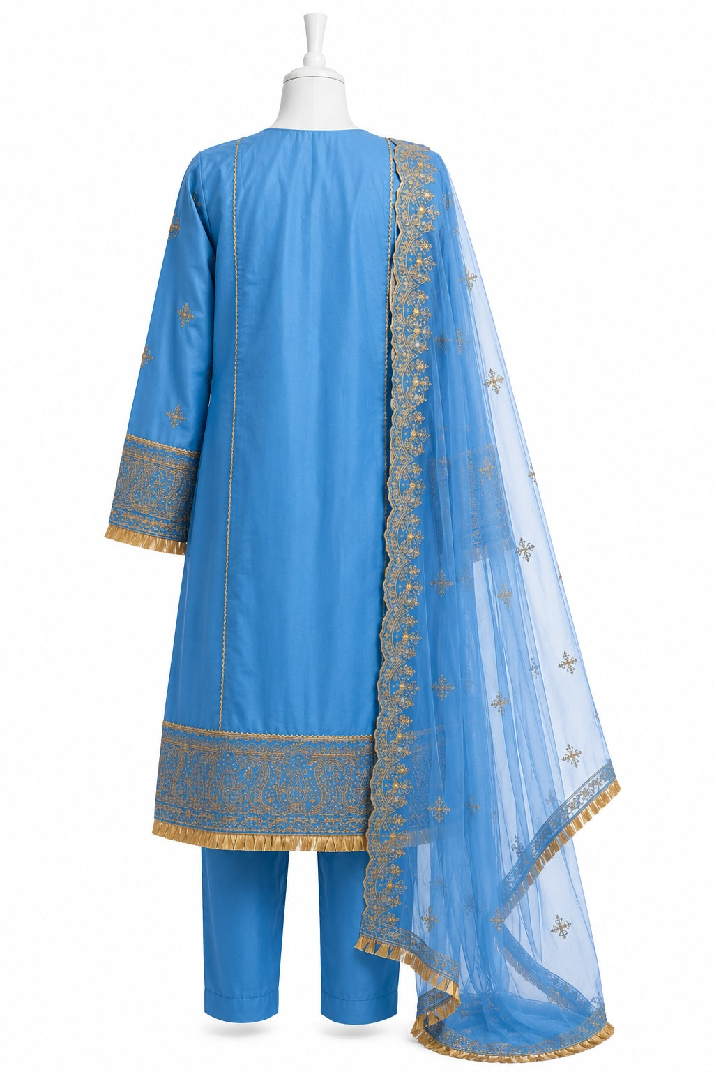Blue embroidered traditional outfit with a dupatta on a mannequin against a white background