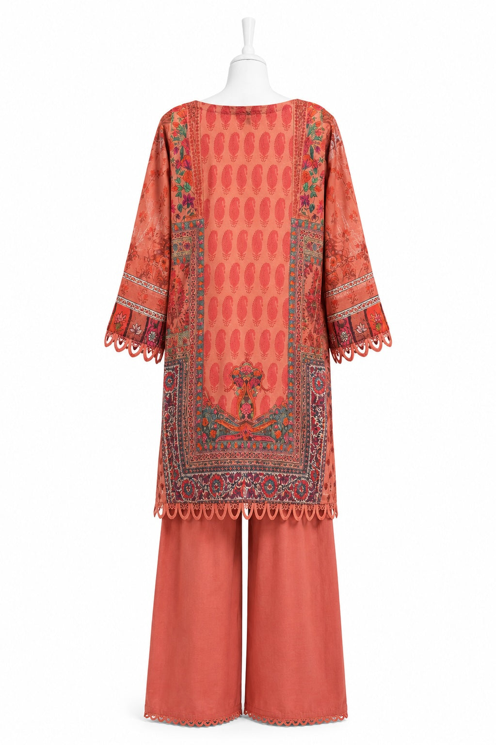Coral-colored traditional outfit with intricate patterns on a white background