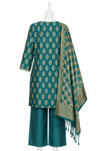 Teal traditional outfit with matching dupatta on a white background