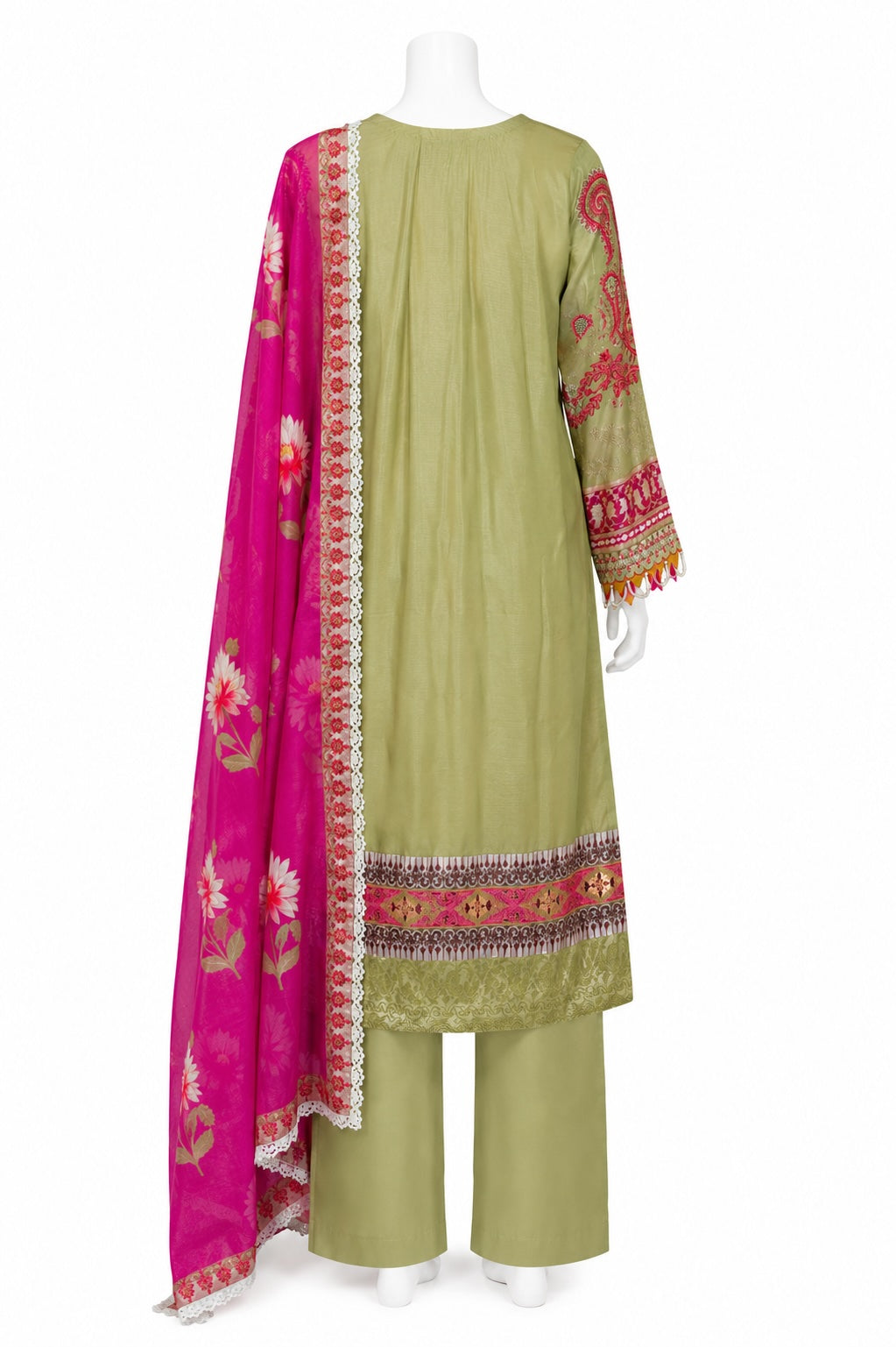 Olive Green Pakistani 3-Piece Suit with Pink Floral Dupatta | Festive Women’s Wear