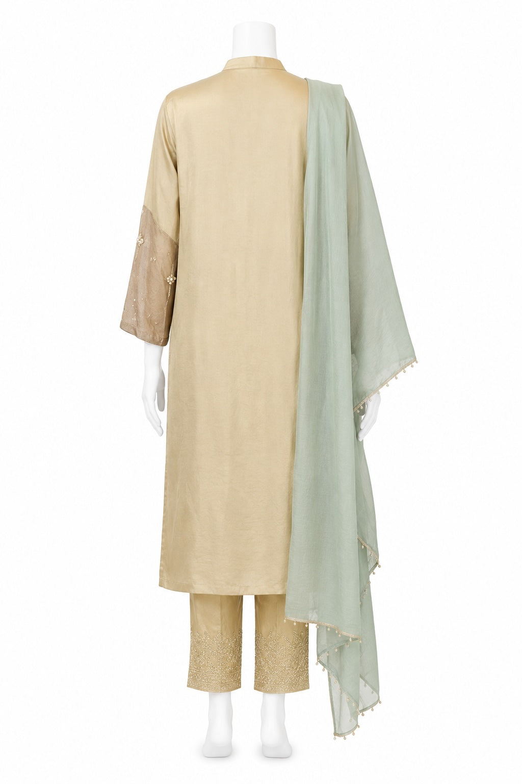 Pastel Sage & Champagne Embroidered Pakistani Suit with Dupatta | Luxury Festive Wear