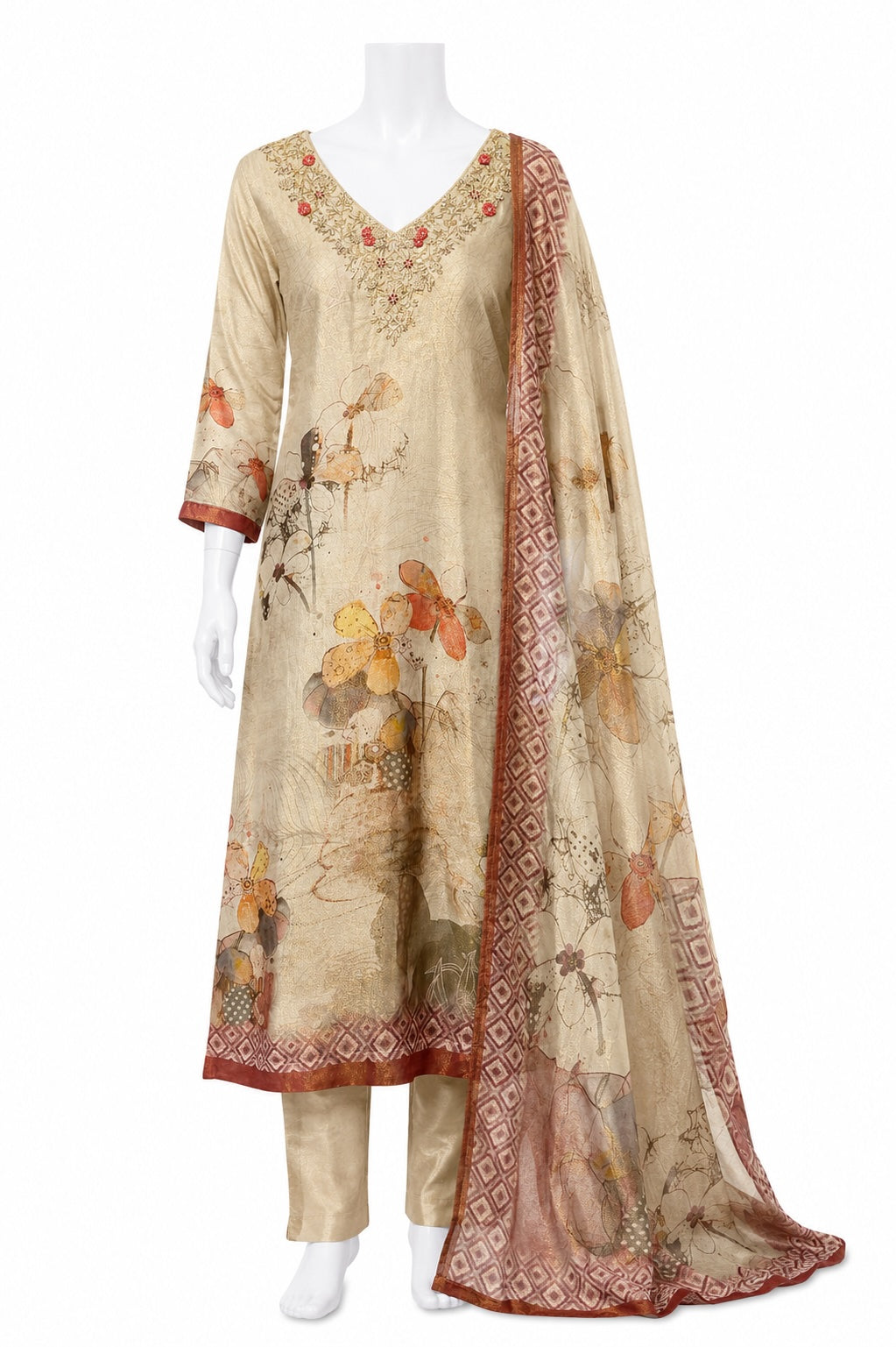 Ivory Floral Printed Pakistani Suit with Dupatta | Elegant Semi-Formal Ethnic Wear