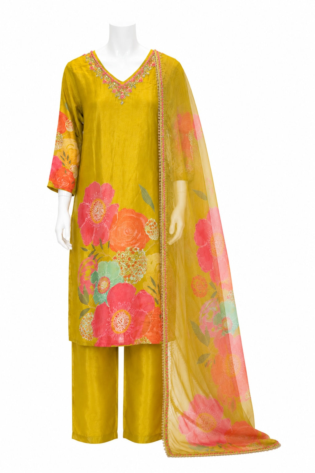 Sunshine Yellow Floral Pakistani Suit with Printed Dupatta | Elegant Festive Wear