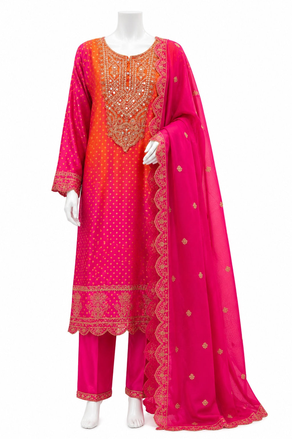 Hot Pink Embroidered Pakistani Suit with Chiffon Dupatta | Luxury Festive Wear