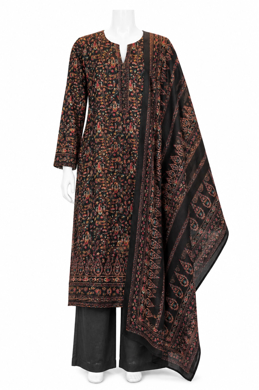 Black Floral Pakistani 3-Piece Suit with Printed Dupatta | Elegant Women’s Ethnic Wear