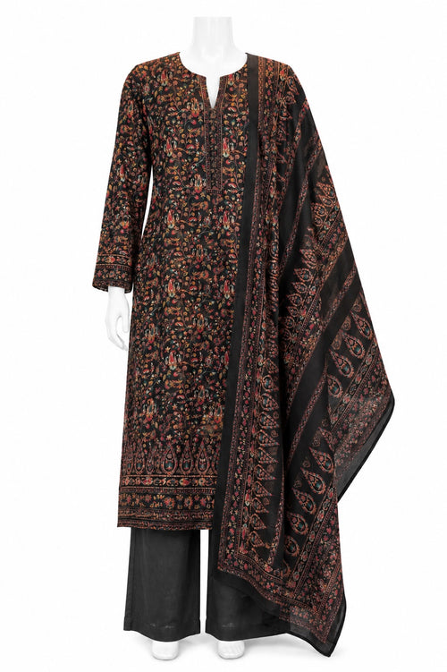 Black Floral Pakistani 3-Piece Suit with Printed Dupatta | Elegant Women’s Ethnic Wear | Khush Mizaj Official
