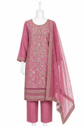 Pink embroidered outfit with dupatta on a mannequin against a white background