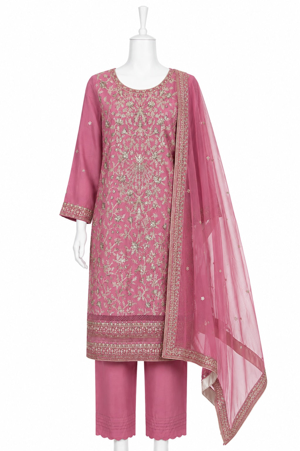 Pink embroidered outfit with dupatta on a mannequin against a white background