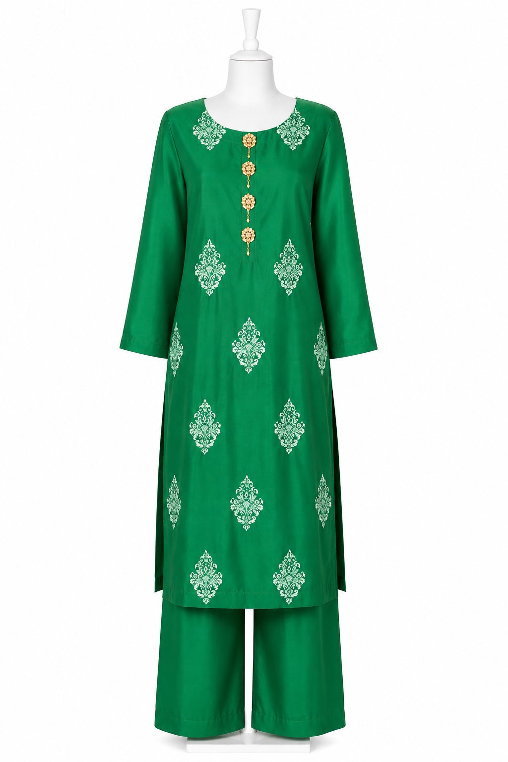 Green embroidered kurta with matching pants on a white background