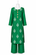 Green embroidered kurta with matching pants on a white background