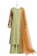 Green kurta with floral embroidery and orange dupatta on a mannequin against a white background