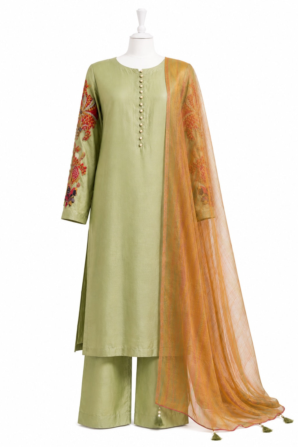 Green kurta with floral embroidery and orange dupatta on a mannequin against a white background