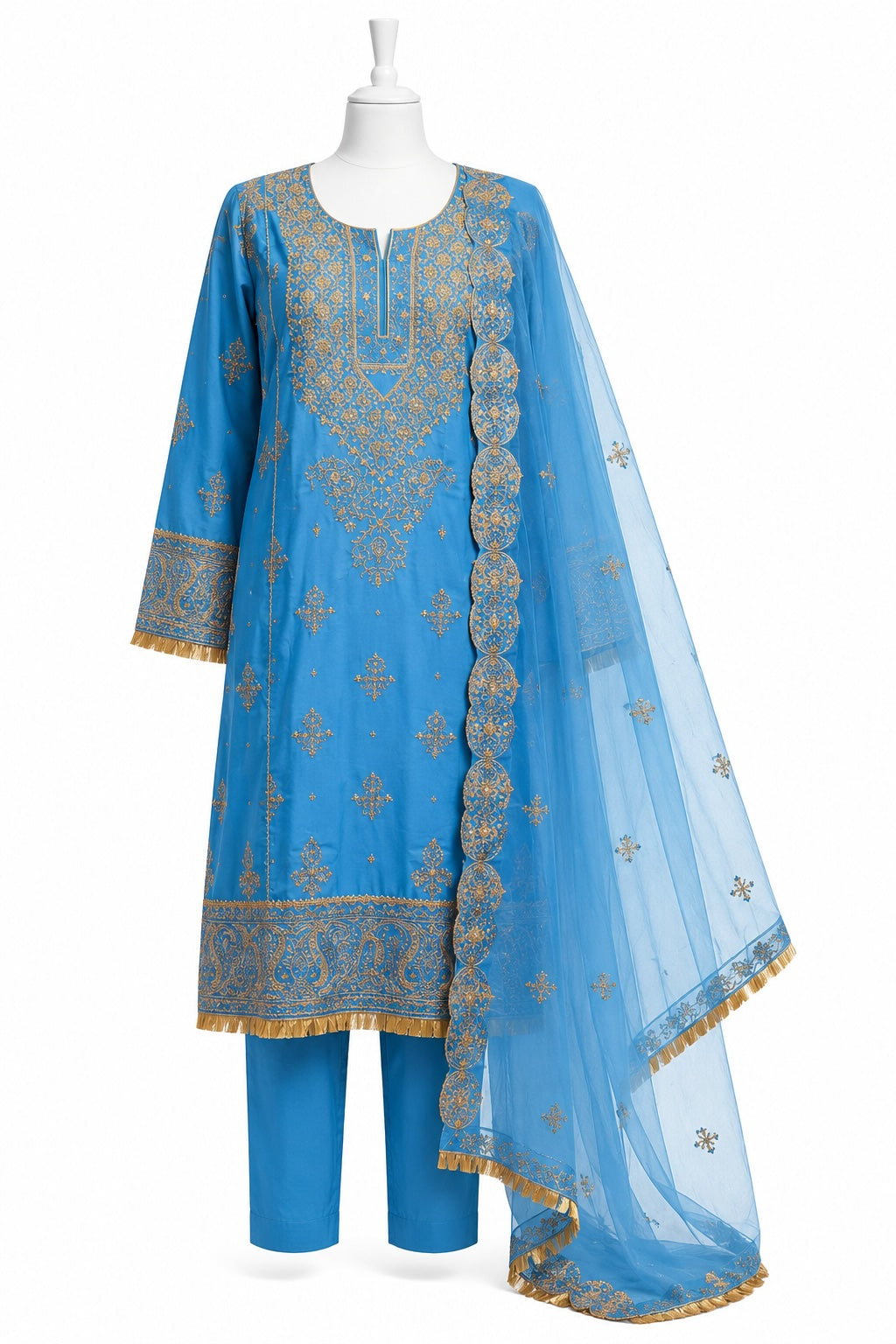 Blue embroidered traditional outfit on a mannequin with a white background