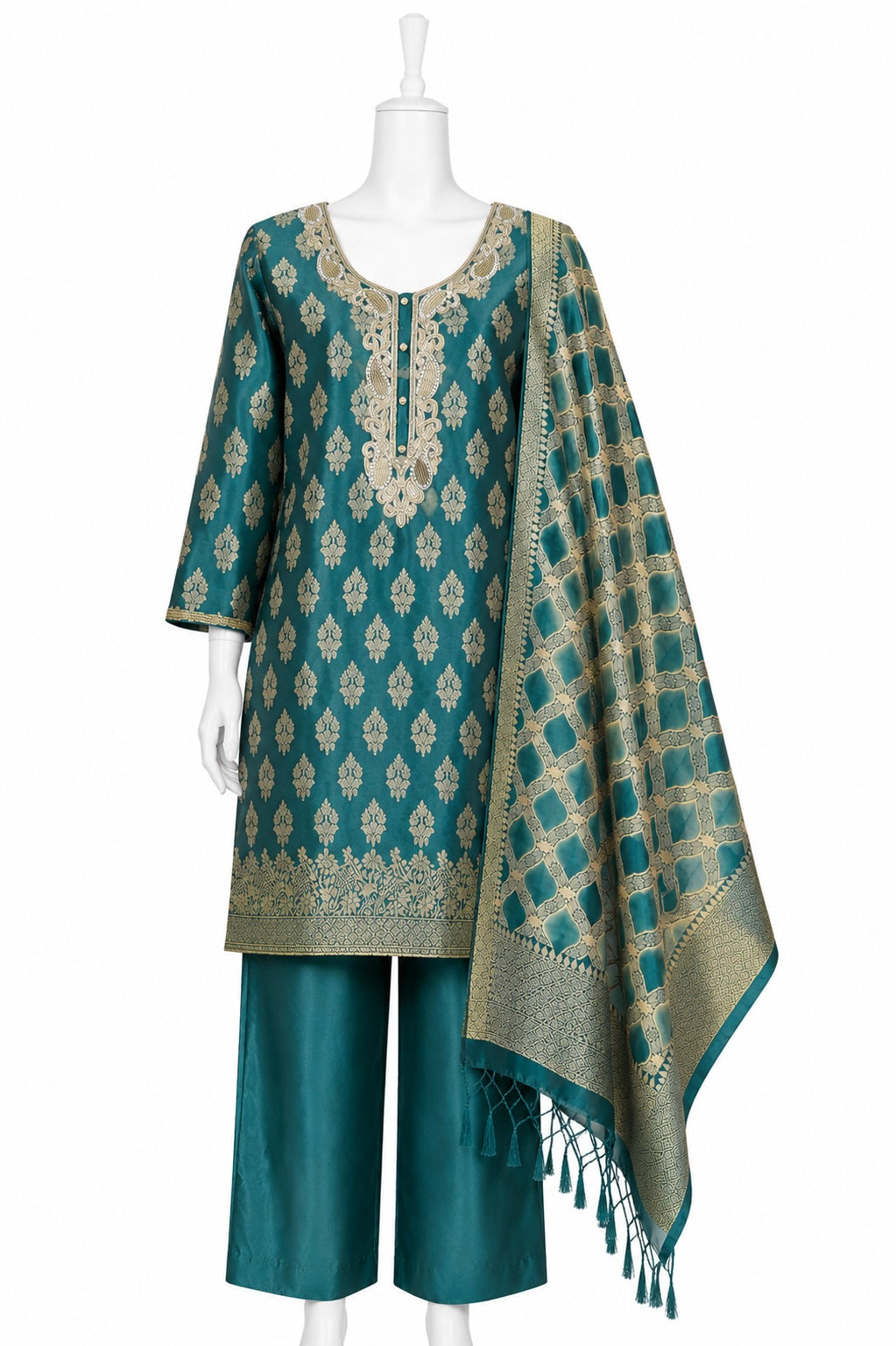 Teal traditional outfit with matching dupatta on a mannequin against a white background
