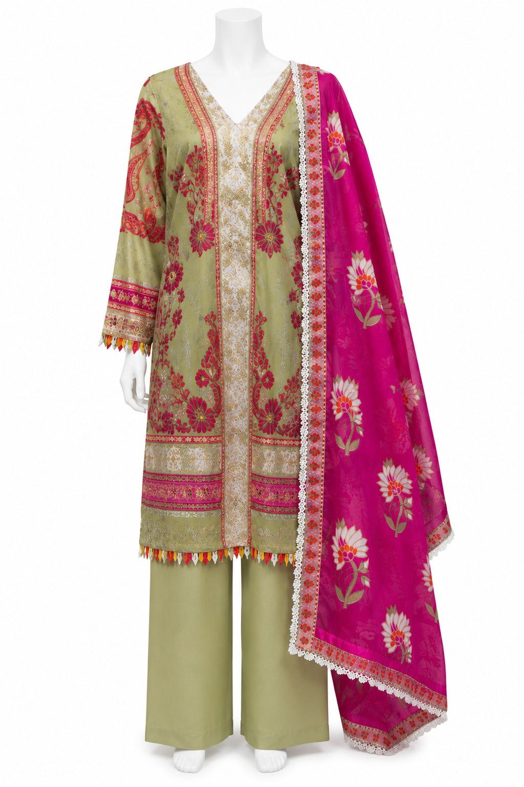 Olive Green Pakistani 3-Piece Suit with Pink Floral Dupatta | Festive Women’s Wear