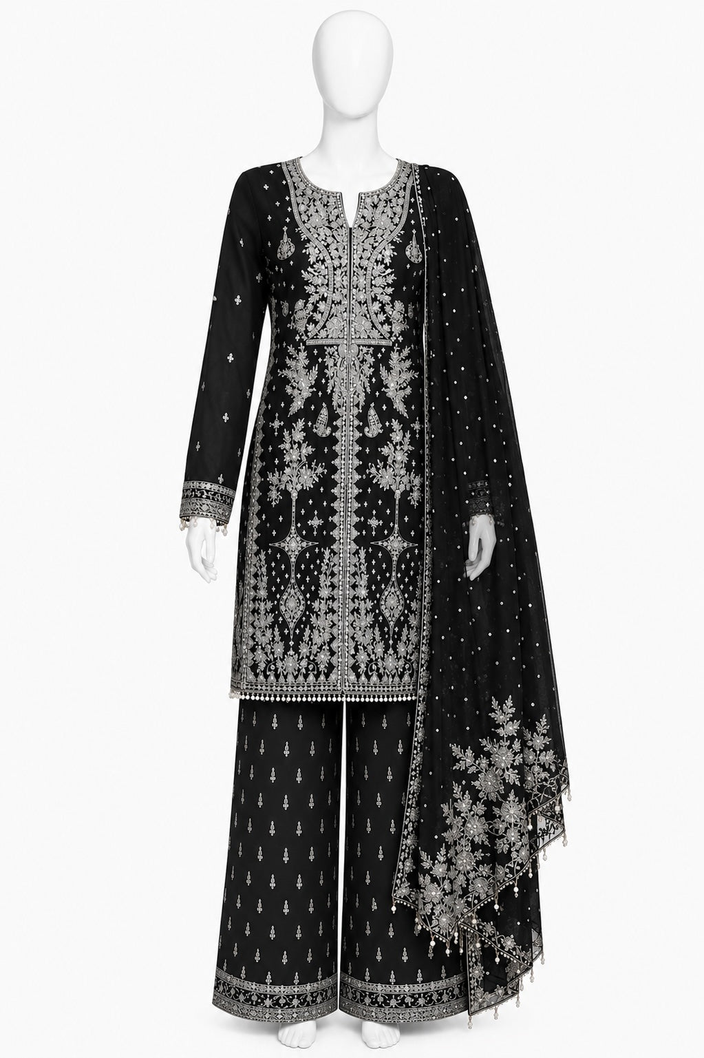 Black Embroidered Pakistani 3-Piece Suit with Organza Dupatta | Women’s Ethnic Wear