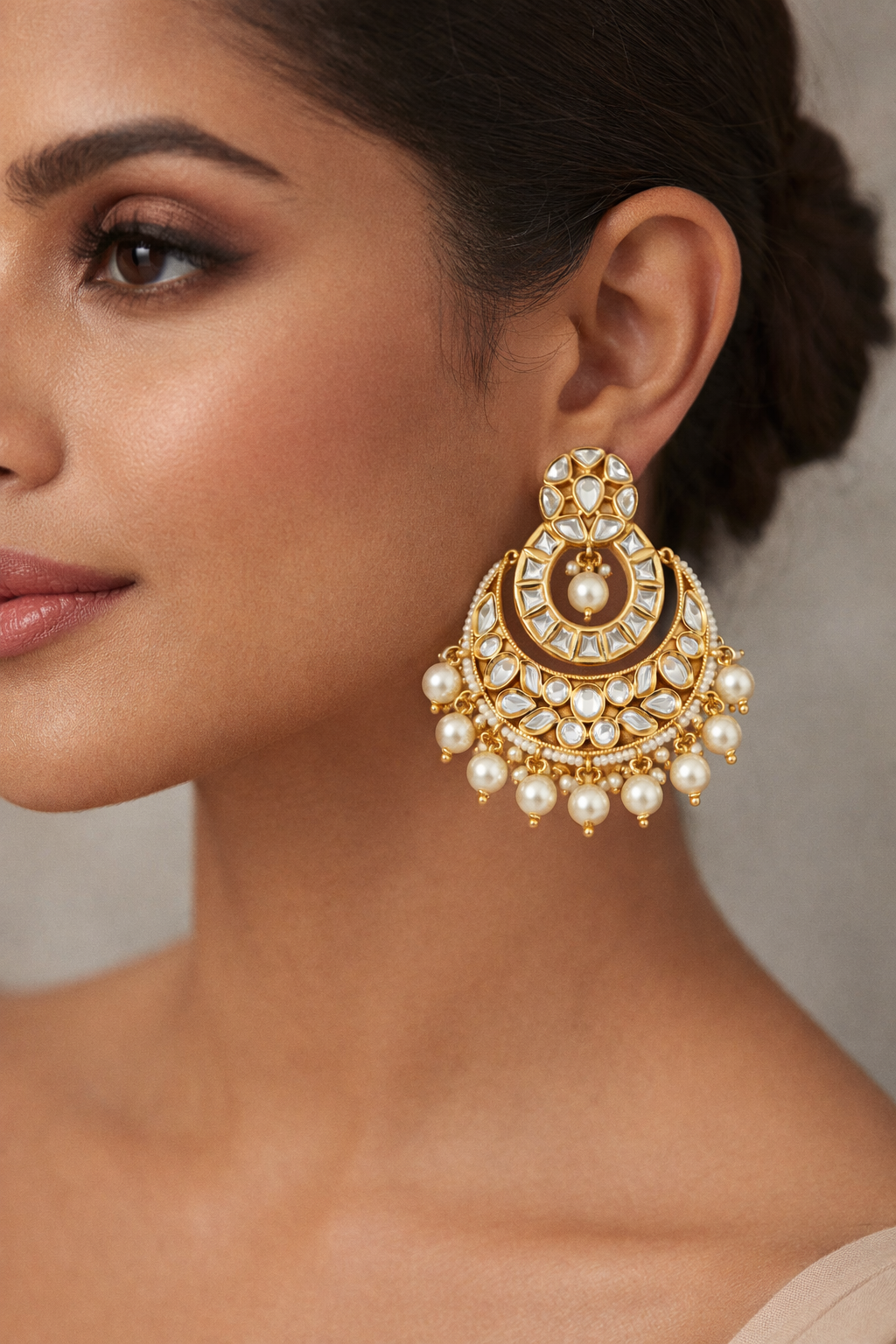 Kundan Pearl Chandbali Earrings