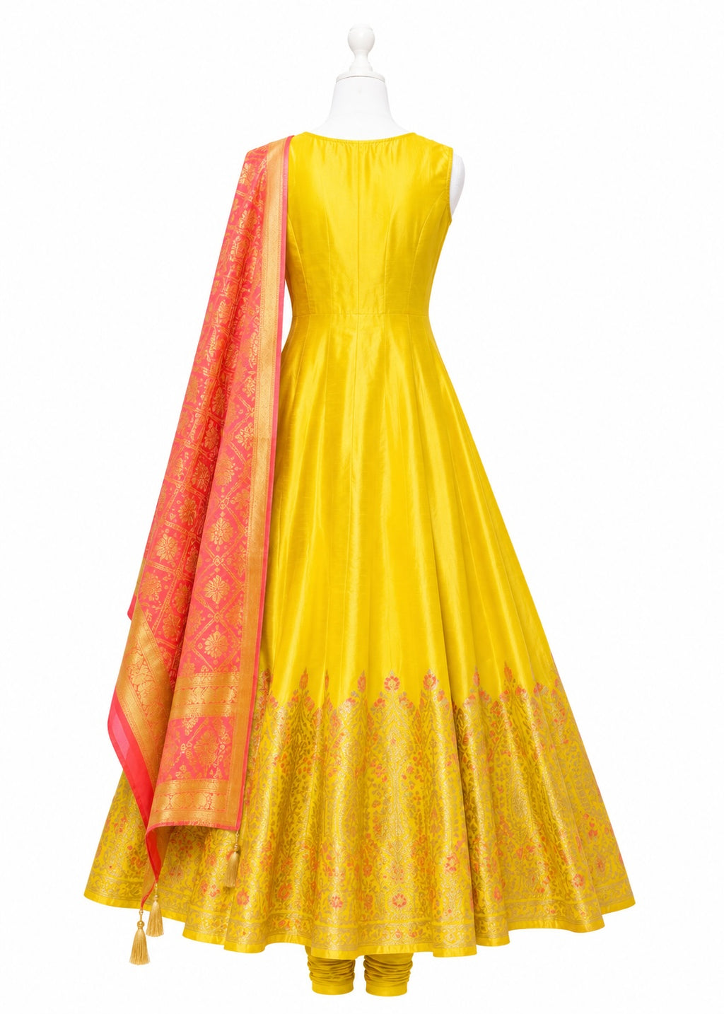 Yellow dress with a pink dupatta on a white background