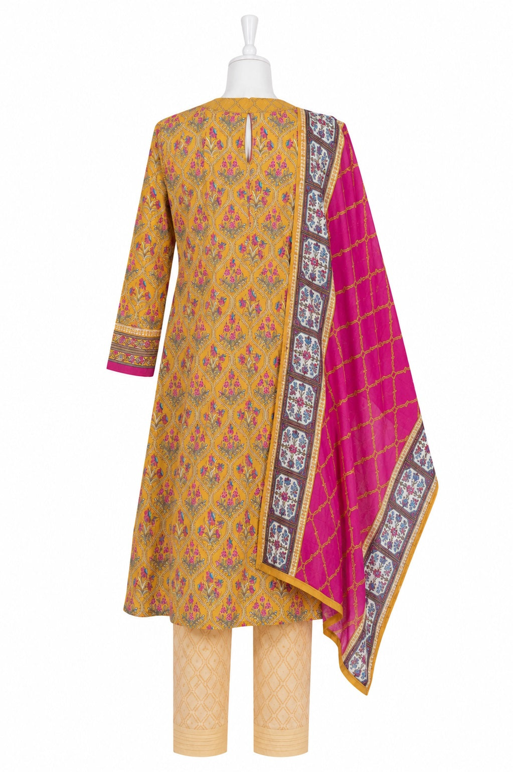 Yellow printed kurta with pink dupatta on a white background