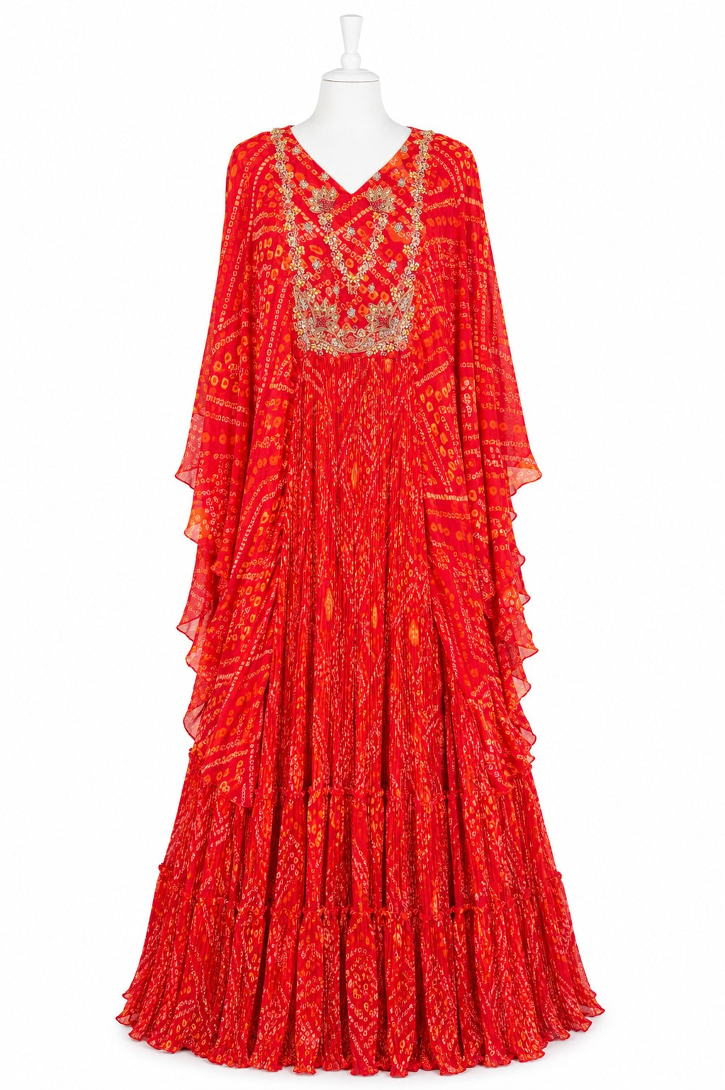 Red evening gown with gold detailing on a white background