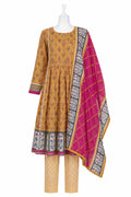 Mustard yellow kurta with beige pants and a pink dupatta on a mannequin against a white background