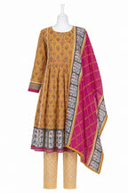 Mustard yellow kurta with beige pants and a pink dupatta on a mannequin against a white background