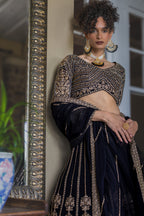 Midnight black and gold embroidered lehenga set, full-length view – Khush Mizaj