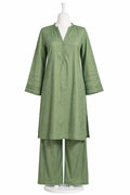 Sage Elegance Jacquard Co-Ord Set – Women’s Textured Kurta & Wide-Leg Pant Set