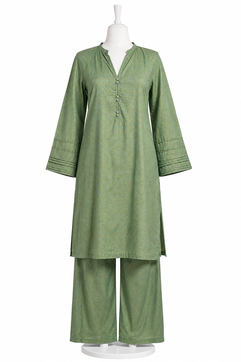 Sage Elegance Jacquard Co-Ord Set – Women’s Textured Kurta & Wide-Leg Pant Set