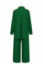 Emerald Clover Luxe Co-Ord Set – Women’s Embellished Shirt & Wide-Leg Pant Set
