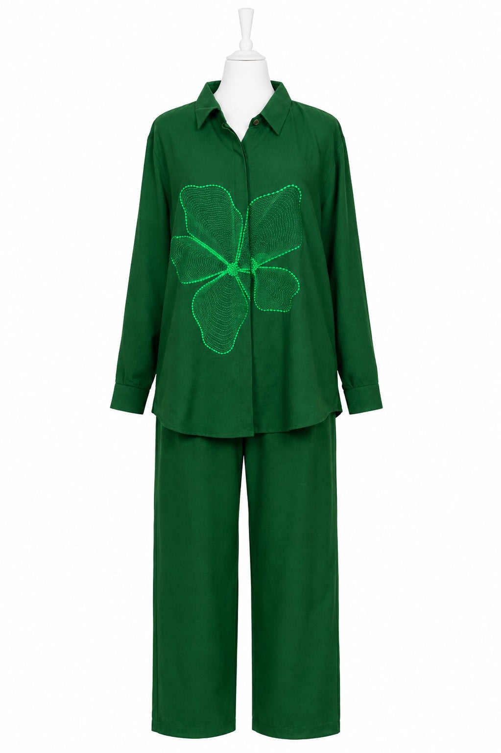 Emerald Clover Luxe Co-Ord Set – Women’s Embellished Shirt & Wide-Leg Pant Set