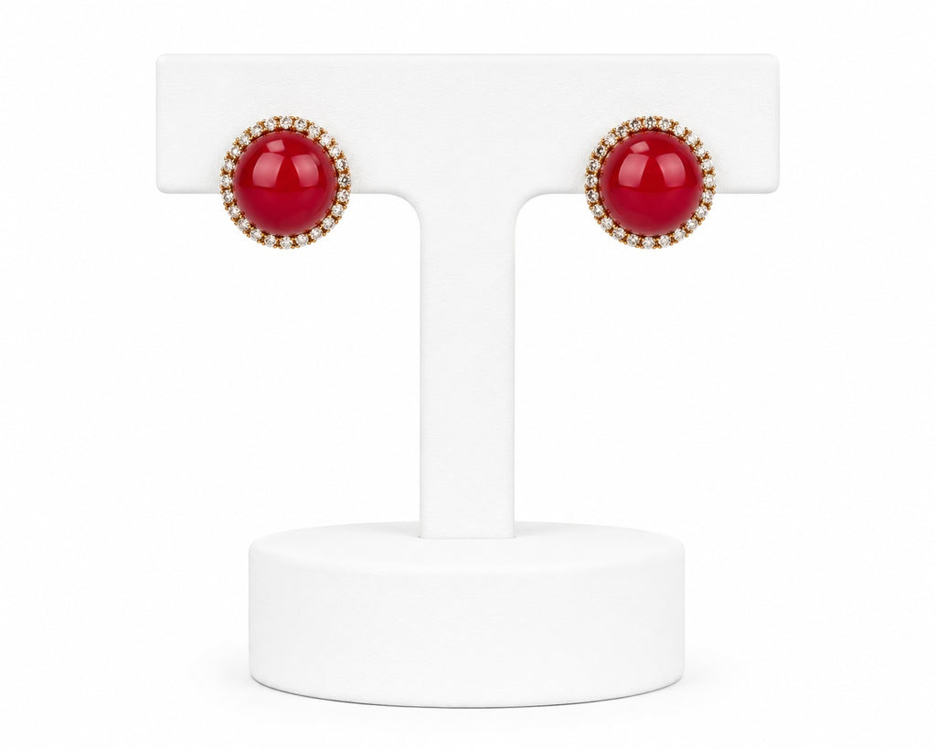 Ruby Red Crystal Stud Earrings with CZ Halo | Elegant Gold Statement Studs