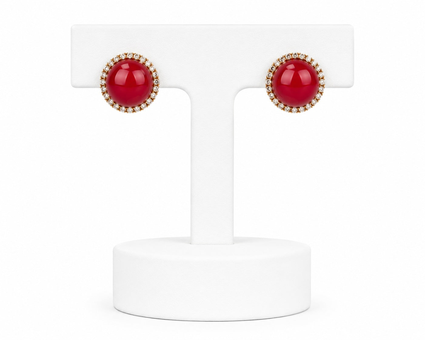 Ruby Red Crystal Stud Earrings with CZ Halo | Elegant Gold Statement Studs