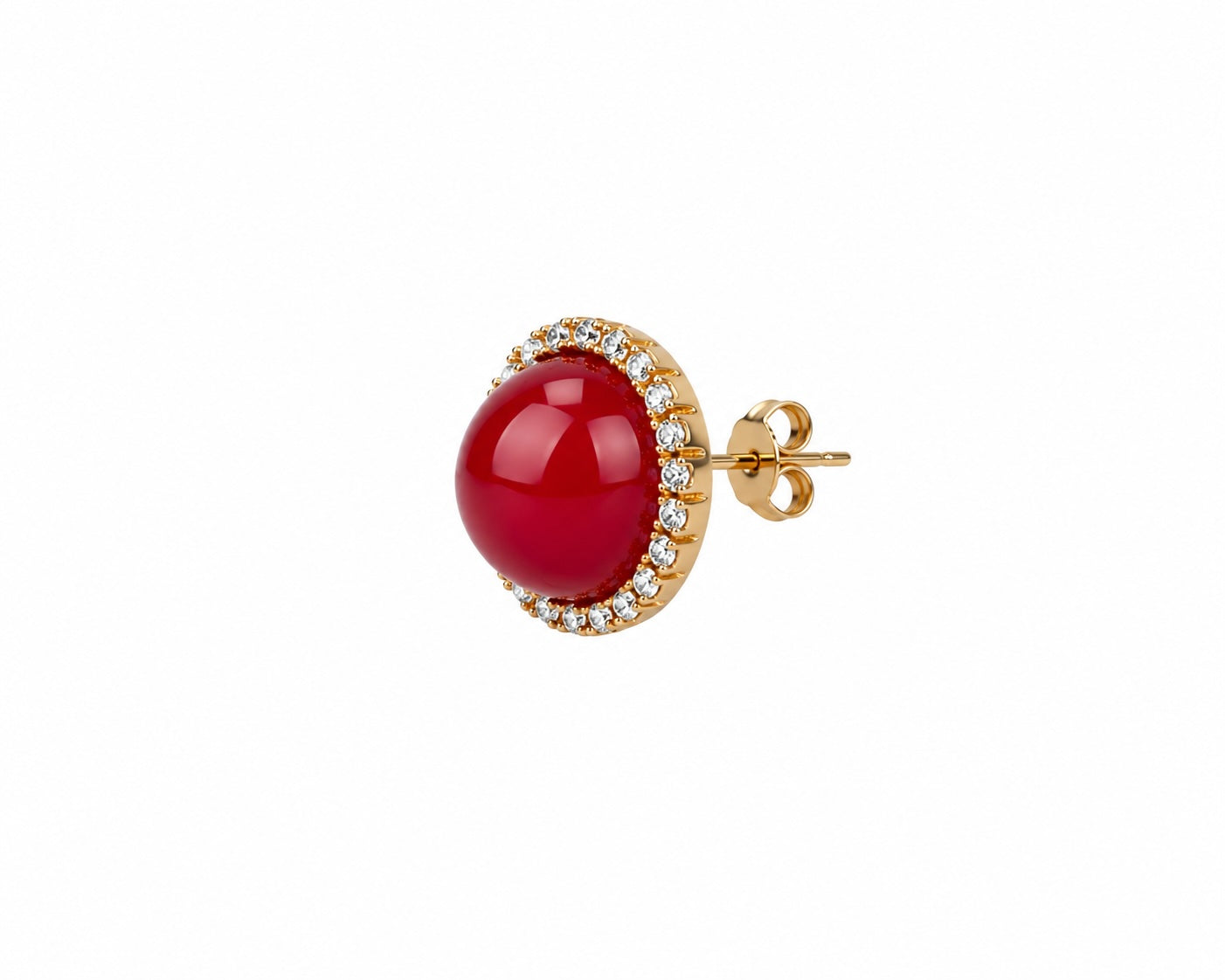 Ruby Red Crystal Stud Earrings with CZ Halo | Elegant Gold Statement Studs