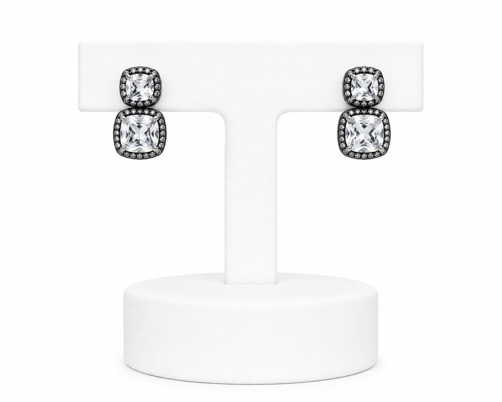 Double Cushion-Cut Crystal Stud Earrings | Black Rhodium Statement Earrings