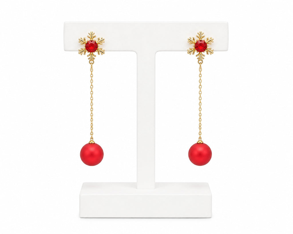 Ruby Snowflake Drop Earrings | Red Crystal & Gold Chain Statement Earrings