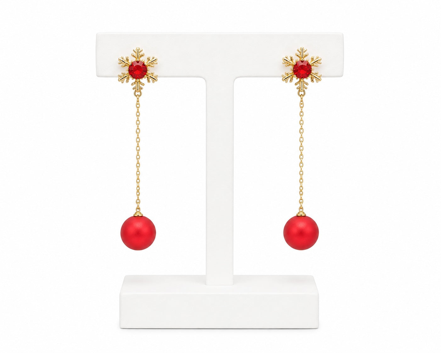 Ruby Snowflake Drop Earrings | Red Crystal & Gold Chain Statement Earrings