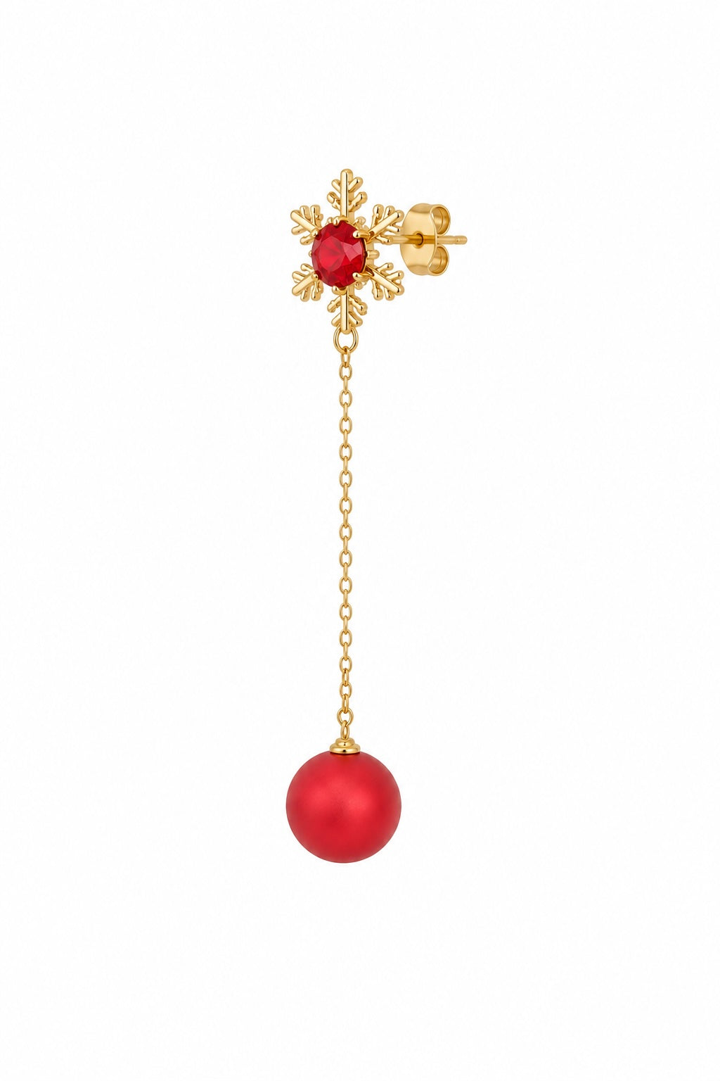 Ruby Snowflake Drop Earrings | Red Crystal & Gold Chain Statement Earrings