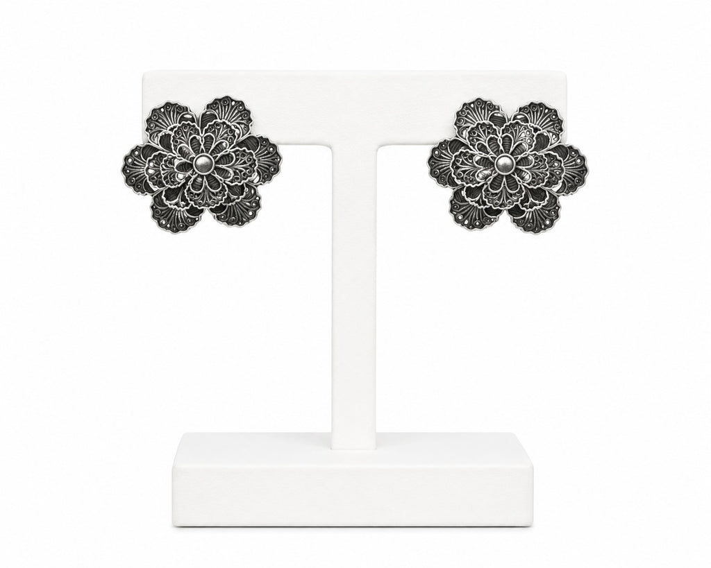 Vintage Floral Oxidized Silver Stud Earrings | Statement Flower Earrings for Women