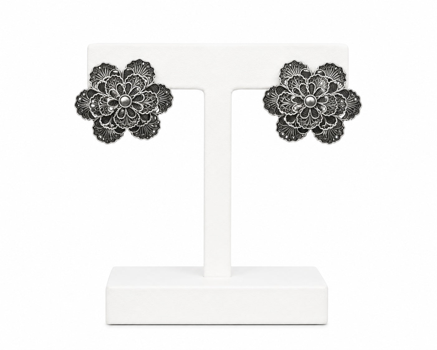 Vintage Floral Oxidized Silver Stud Earrings | Statement Flower Earrings for Women